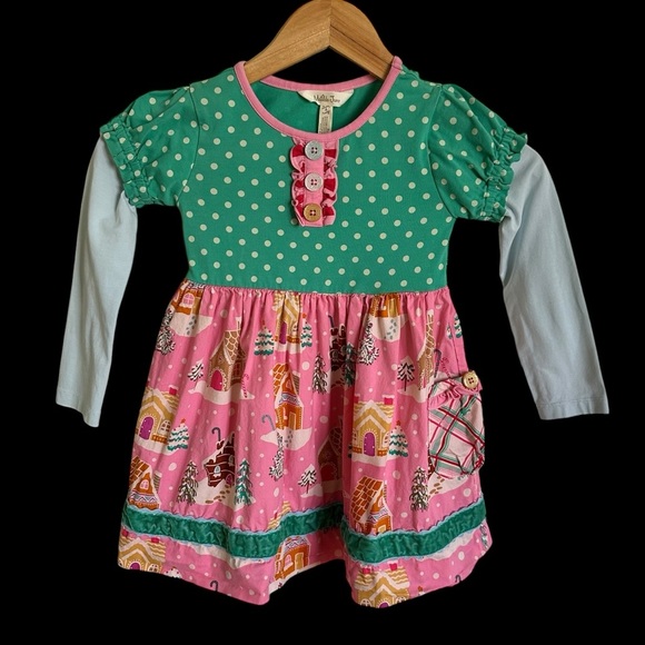 Matilda Jane girls size 4 Christmas Village Dress Pink Green Holiday Gingerbread - Picture 1 of 5